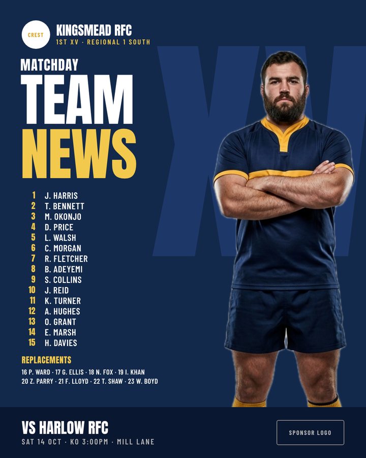 Rugby team news template in navy and gold with a numbered 1 to 15 line-up