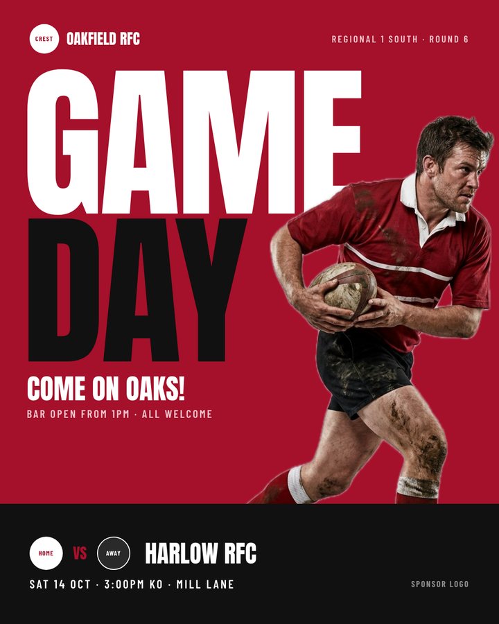 Rugby gameday template with a player carrying the ball